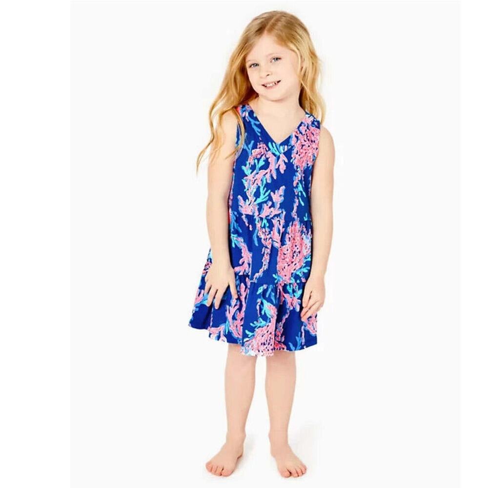 Lilly Pulitzer Girls 6-7 Mini Lorina Tiered Blue Coral Summer Beachy Dress - Med